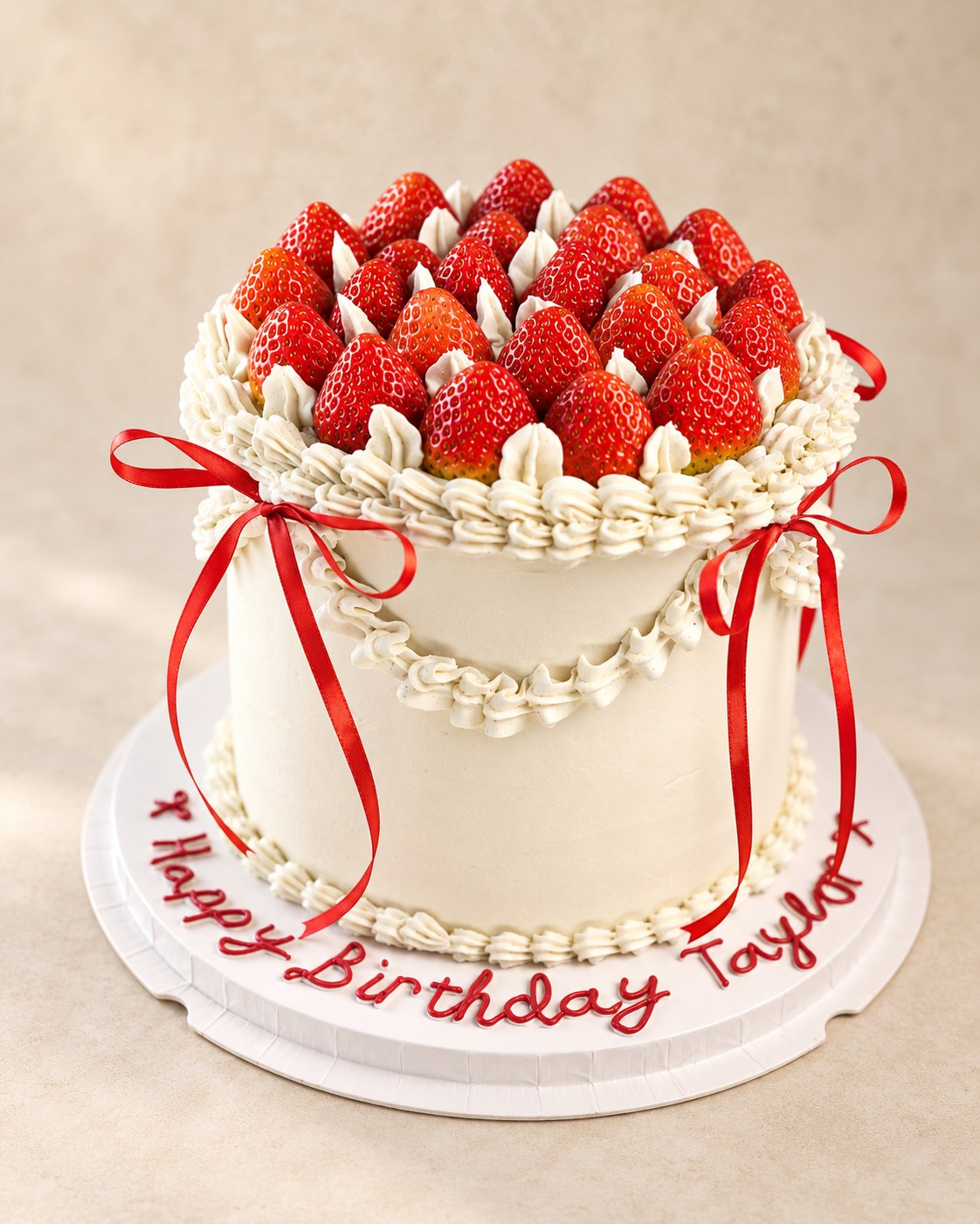 Hand-piped white celebration cake with fresh strawberries and red ribbons