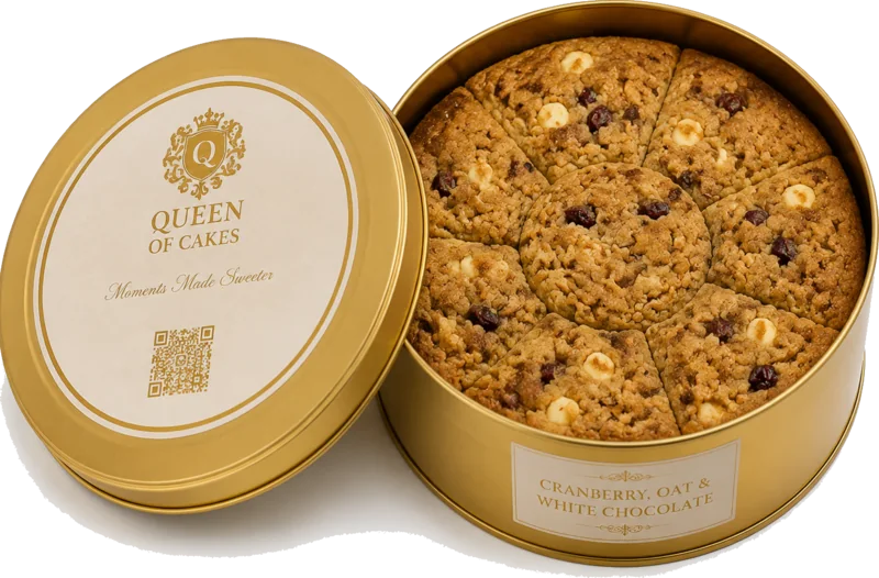 Warm oat, cranberry and white chocolate cookie tin