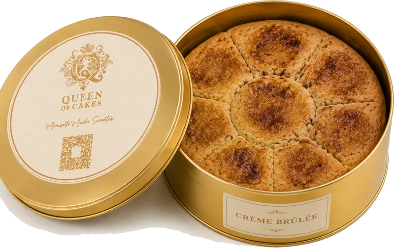 Warm crème brûlée cookie tin