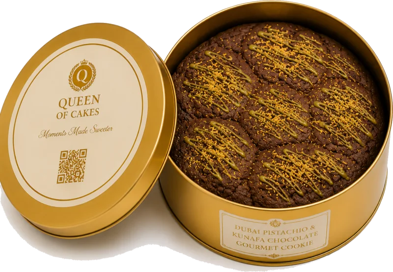 Warm Dubai pistachio and kunafa chocolate cookie tin